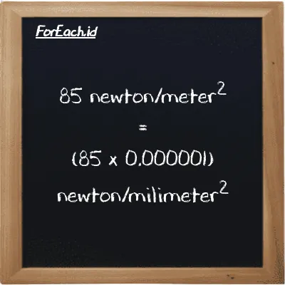 Cara konversi newton/meter<sup>2</sup> ke newton/milimeter<sup>2</sup> (N/m<sup>2</sup> ke N/mm<sup>2</sup>): 85 newton/meter<sup>2</sup> (N/m<sup>2</sup>) setara dengan 85 dikalikan dengan 0.000001 newton/milimeter<sup>2</sup> (N/mm<sup>2</sup>)